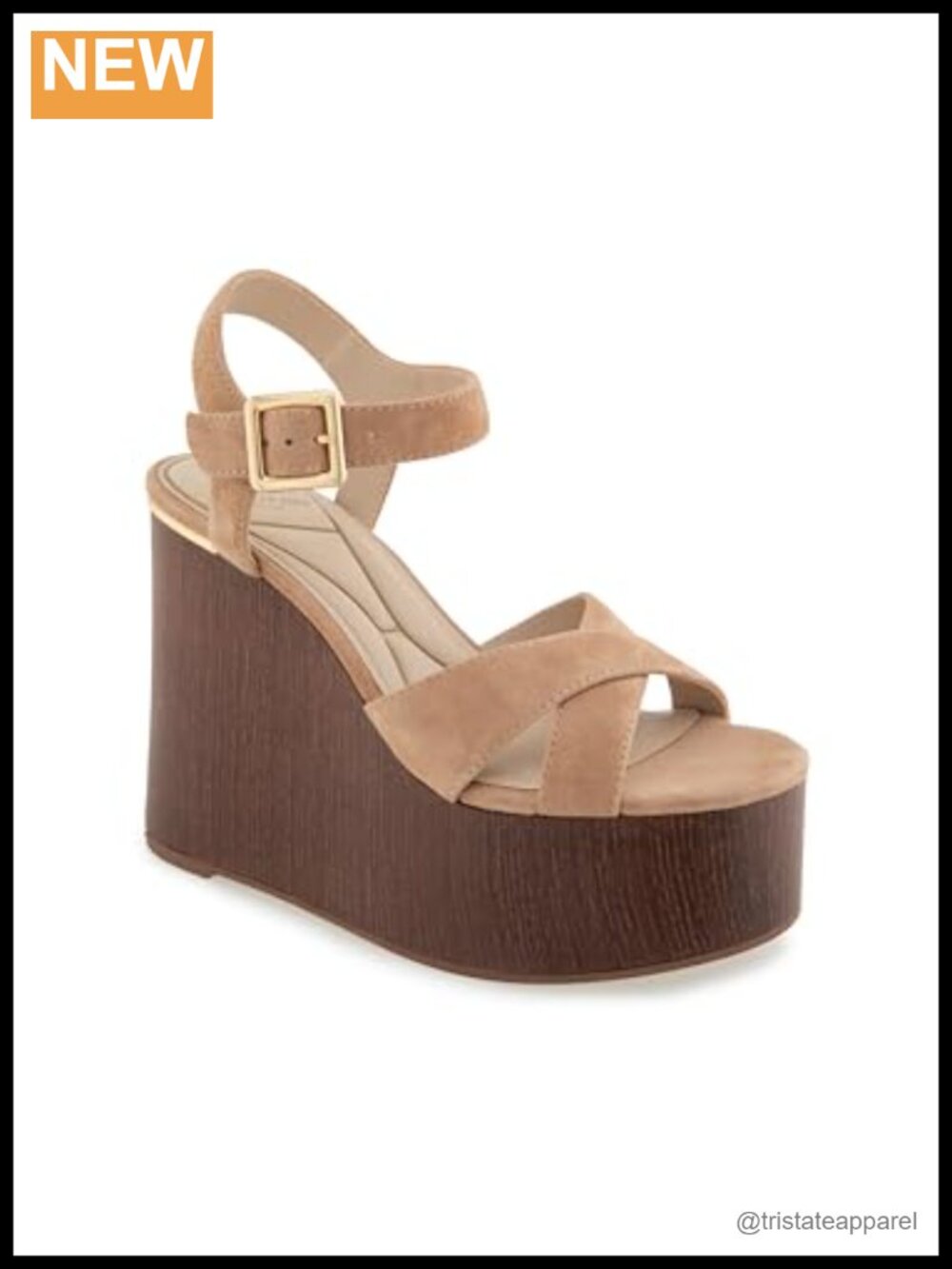 Wedge Sandal with Suede Upper and Buckle Ankle Strap